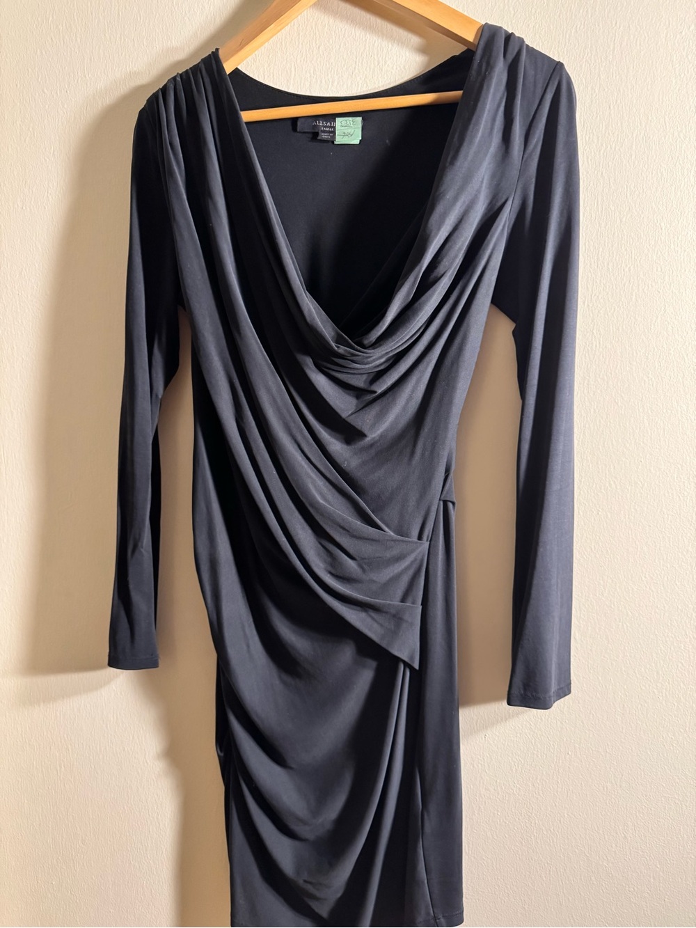AllSaints Black Draped Cowl-Neck Long Sleeve Dress